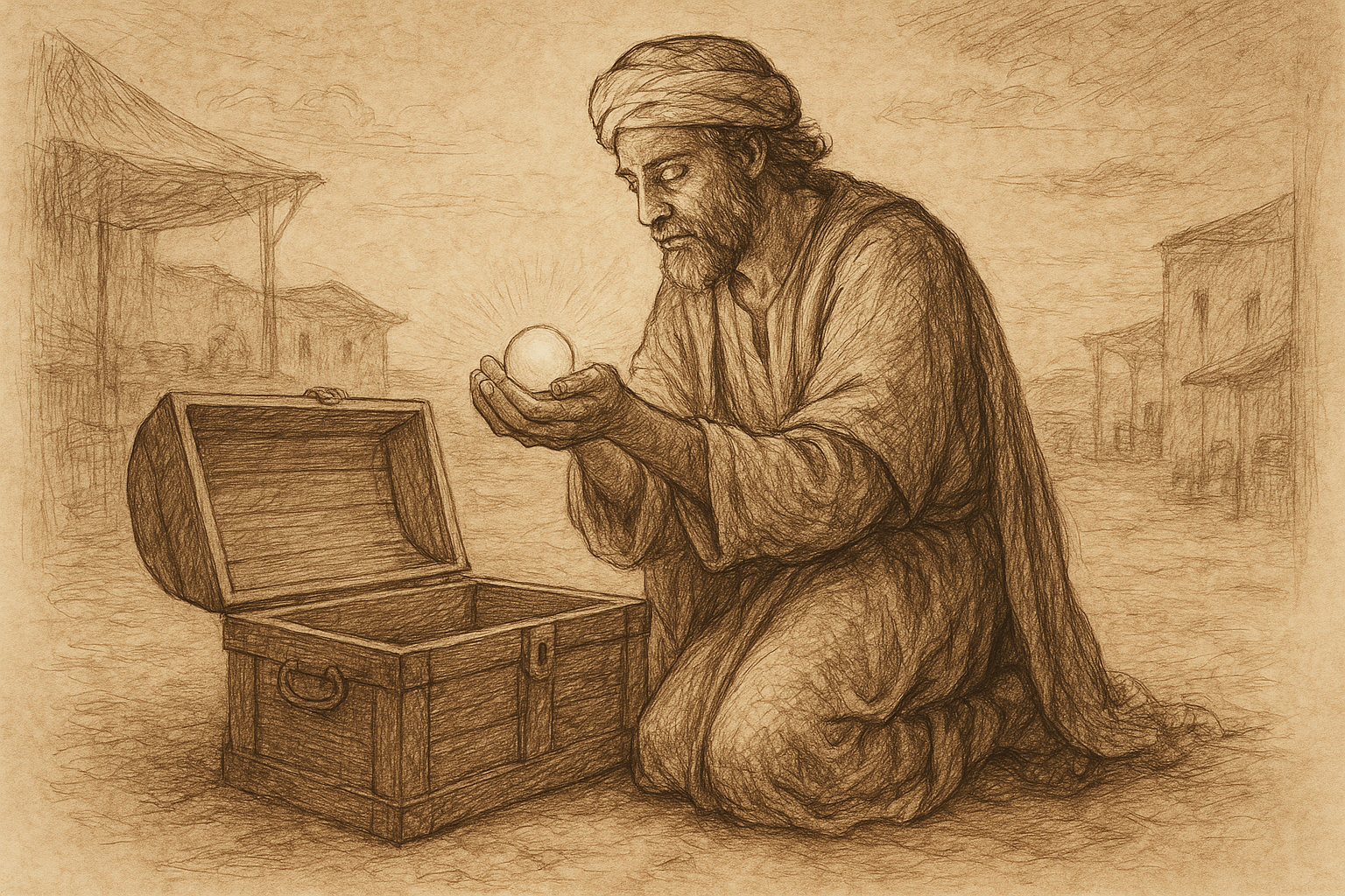 A first-century merchant holding a radiant pearl in a reverent sketch-style illustration