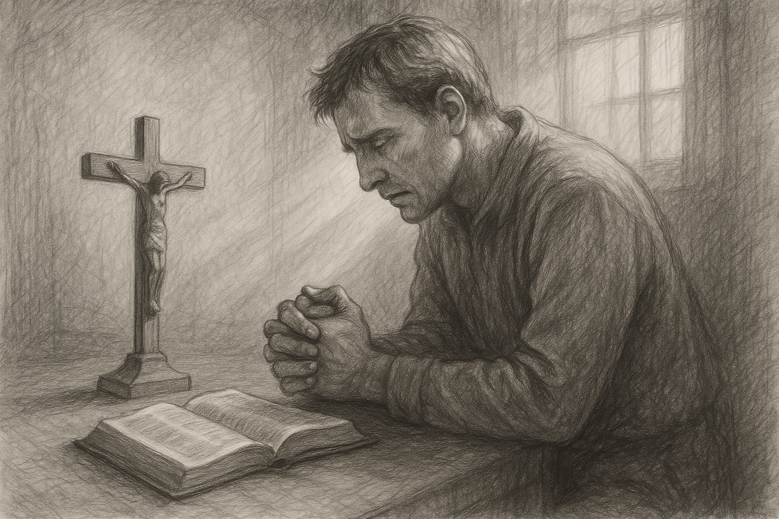 Sketch-style image of a Catholic praying beside a crucifix while offering suffering to God