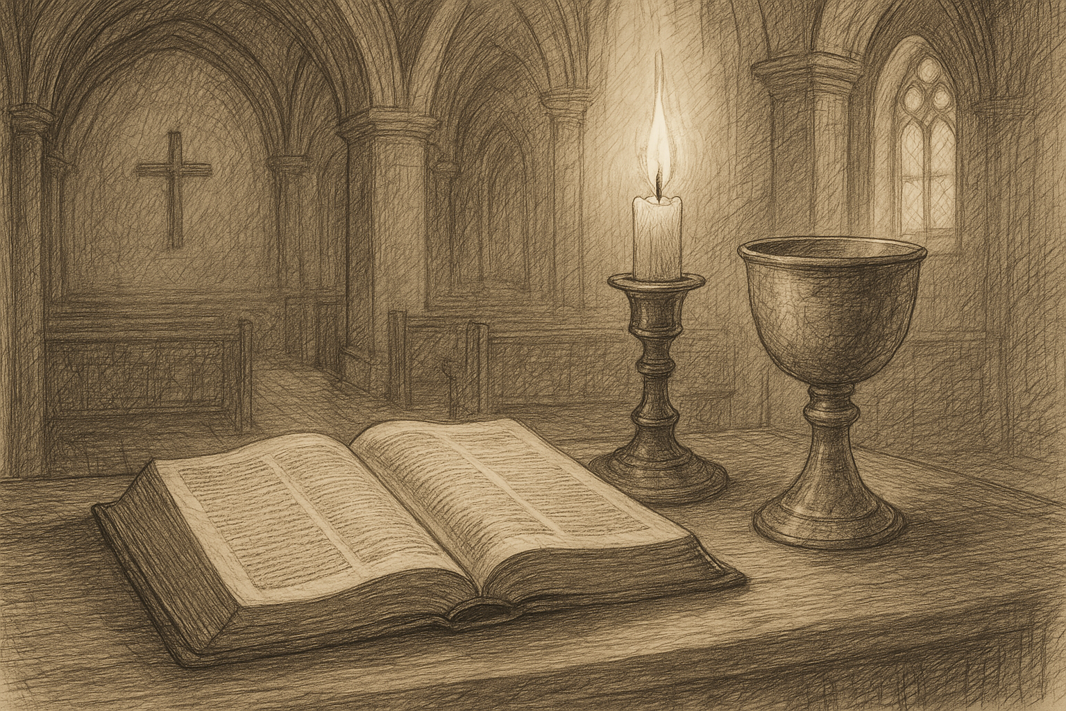 A reverent sketch of an open Bible beside a chalice in a softly lit church interior