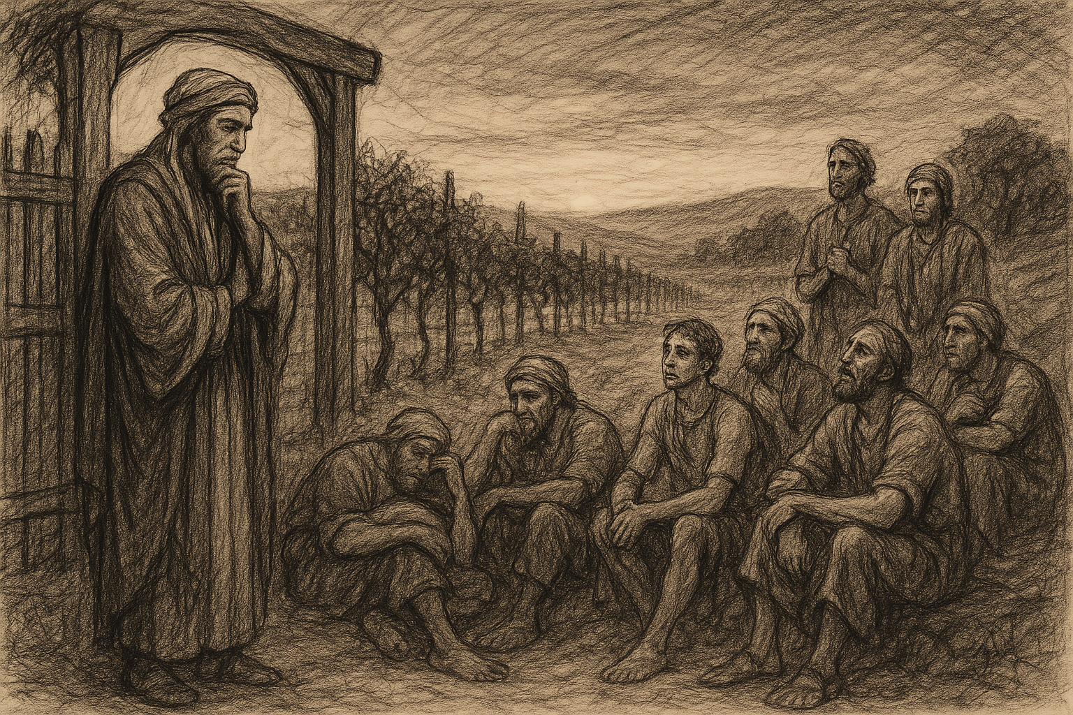 A reverent sketch of the workers in the vineyard at dusk with the landowner greeting laborers