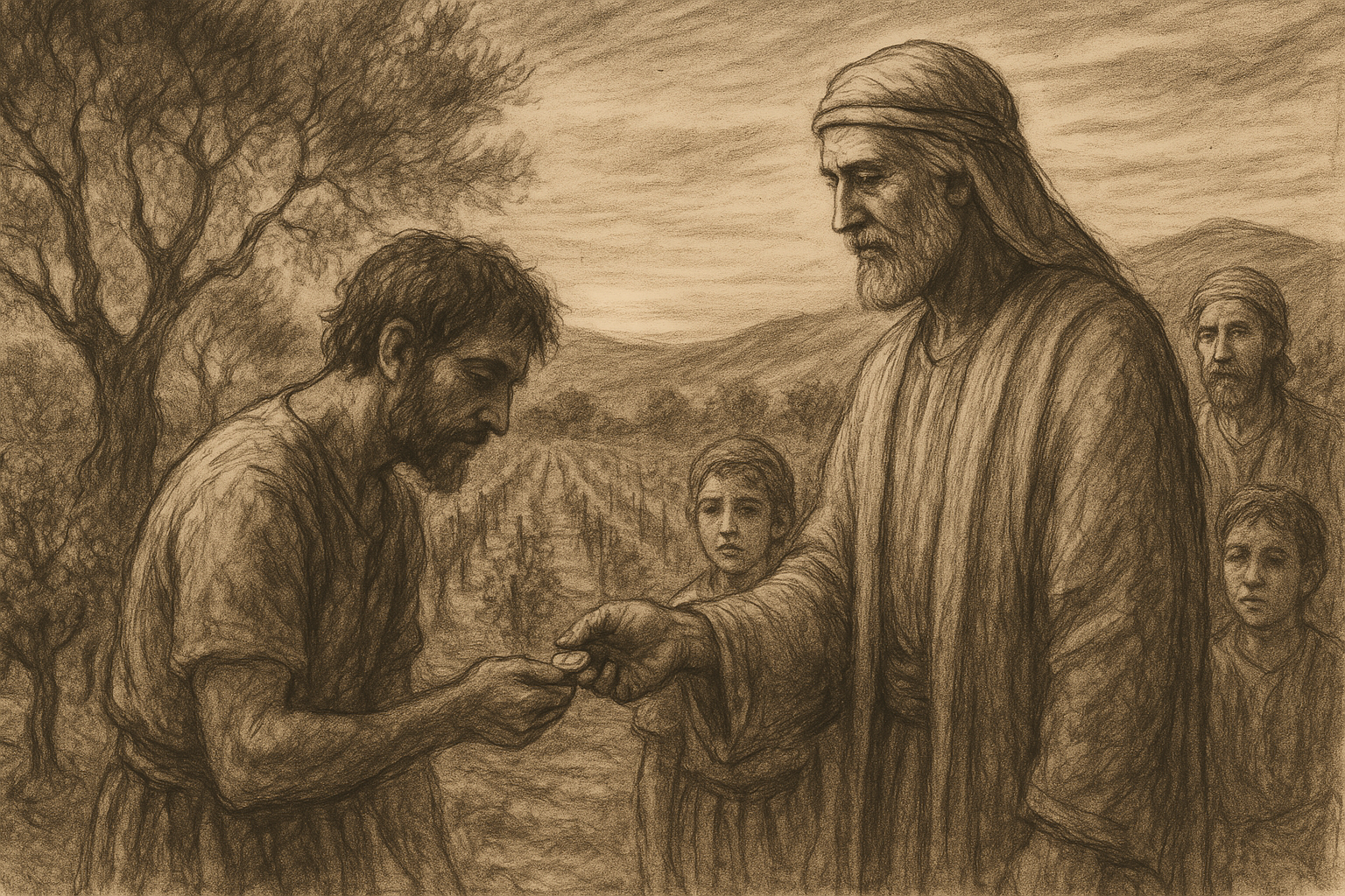 Sketch-style biblical vineyard scene at dusk showing a landowner giving wages to workers