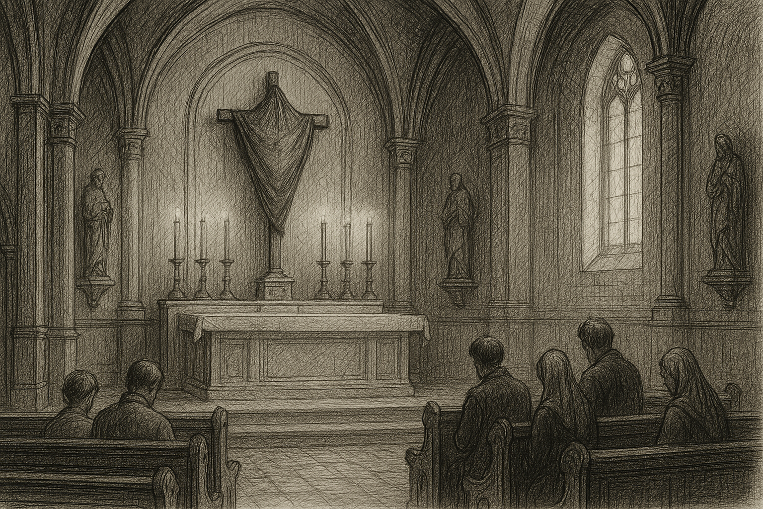 Sketch-style image of a Catholic church during Holy Week with a veiled crucifix and praying faithful