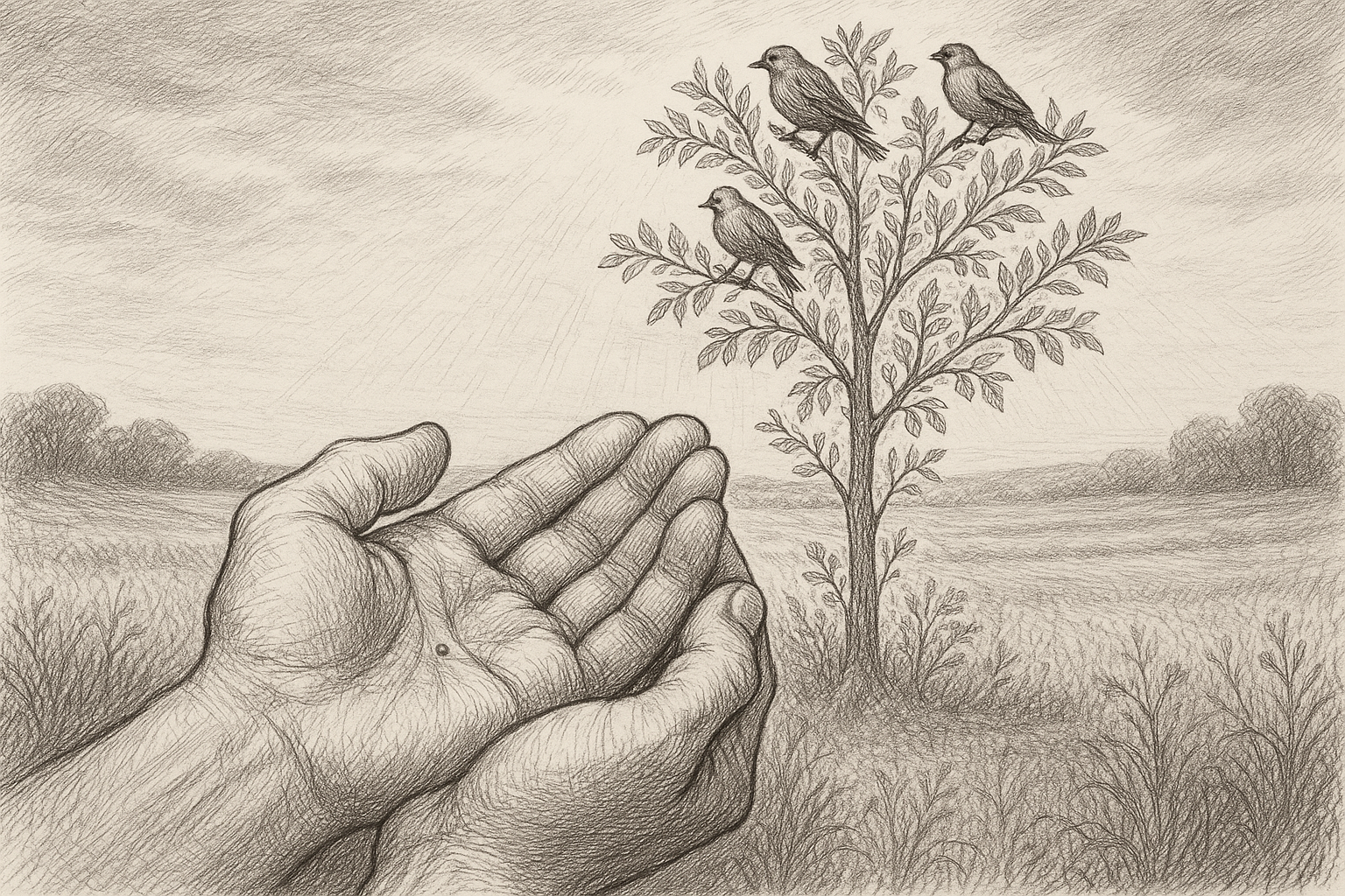 Sketch-style image of a mustard seed growing into a large plant with birds in its branches