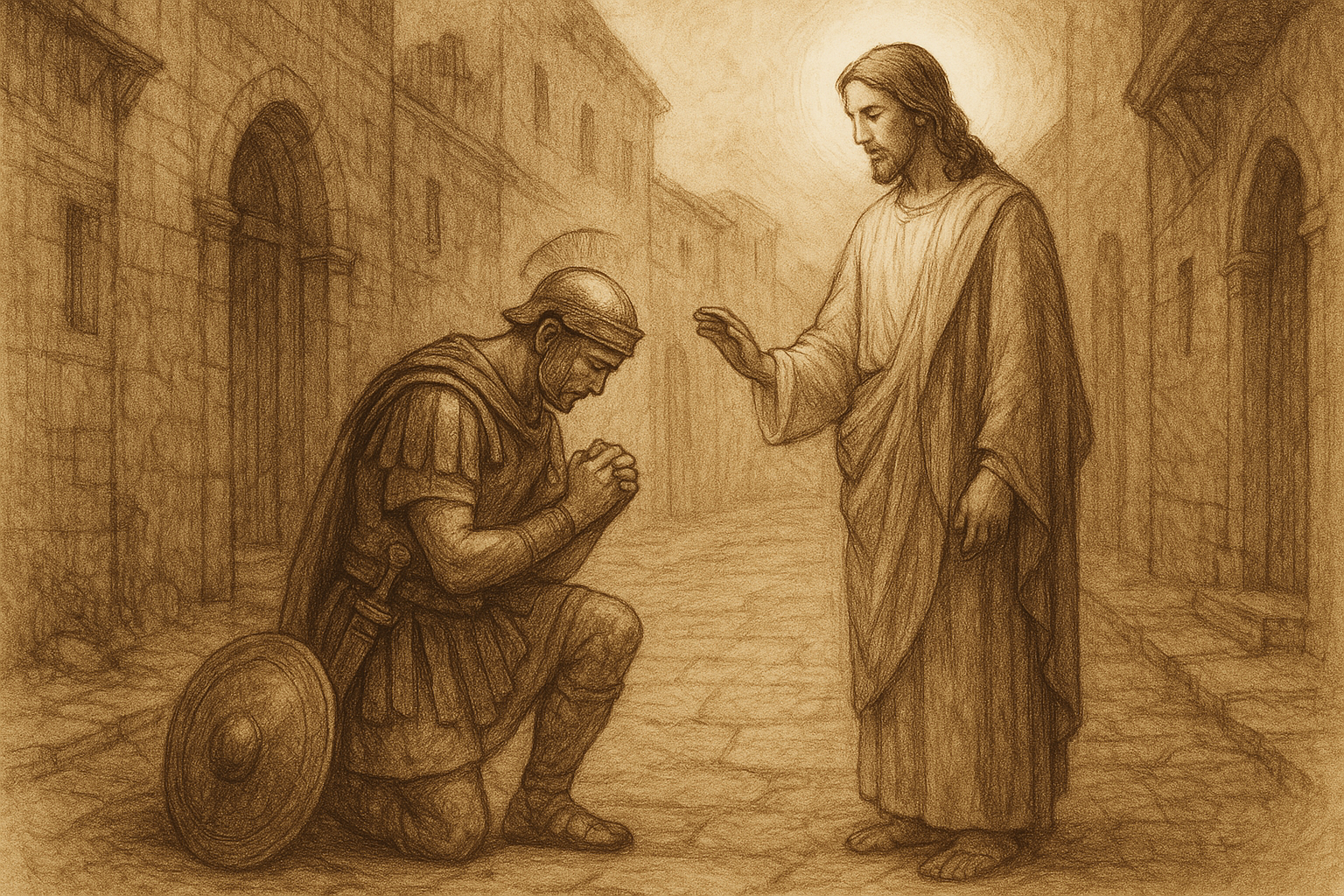 The centurion kneeling before Jesus in humble faith