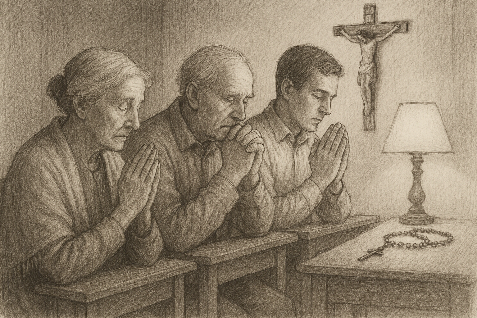 Sketch-style image of a Catholic family praying with an elderly couple in a quiet home chapel