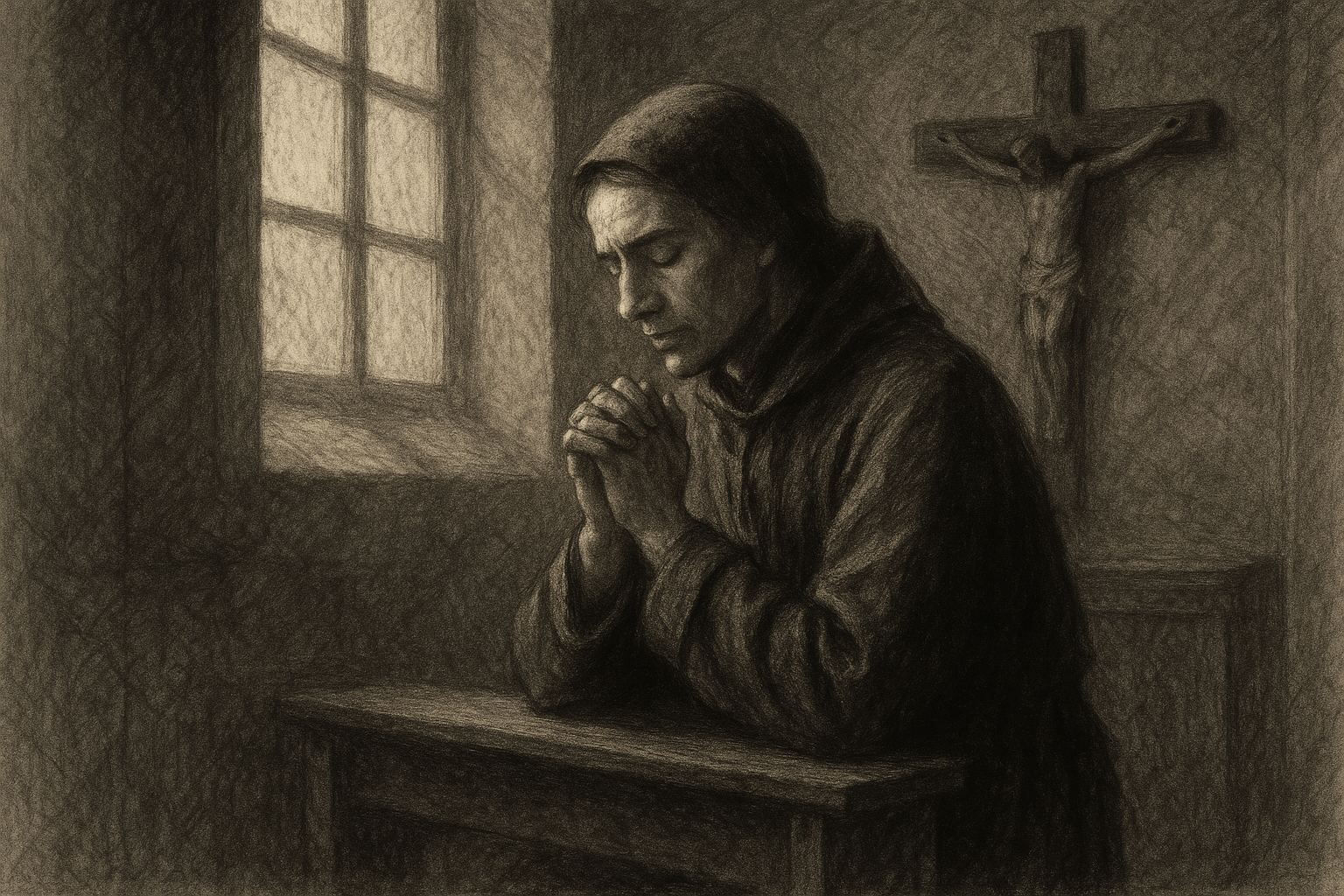 A Catholic person praying quietly in a chapel as anger gives way to peace