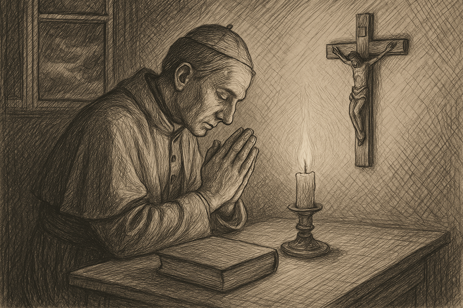 A Catholic person praying beside a candlelit table with a Bible and crucifix, in a reverent sketch-style scene