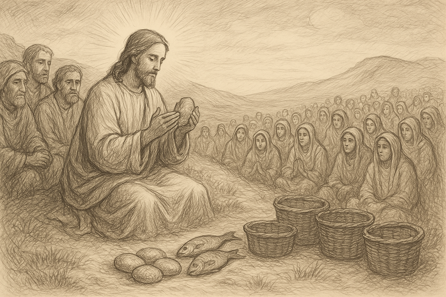 Jesus blessing loaves and fish before the crowd in the feeding of the five thousand