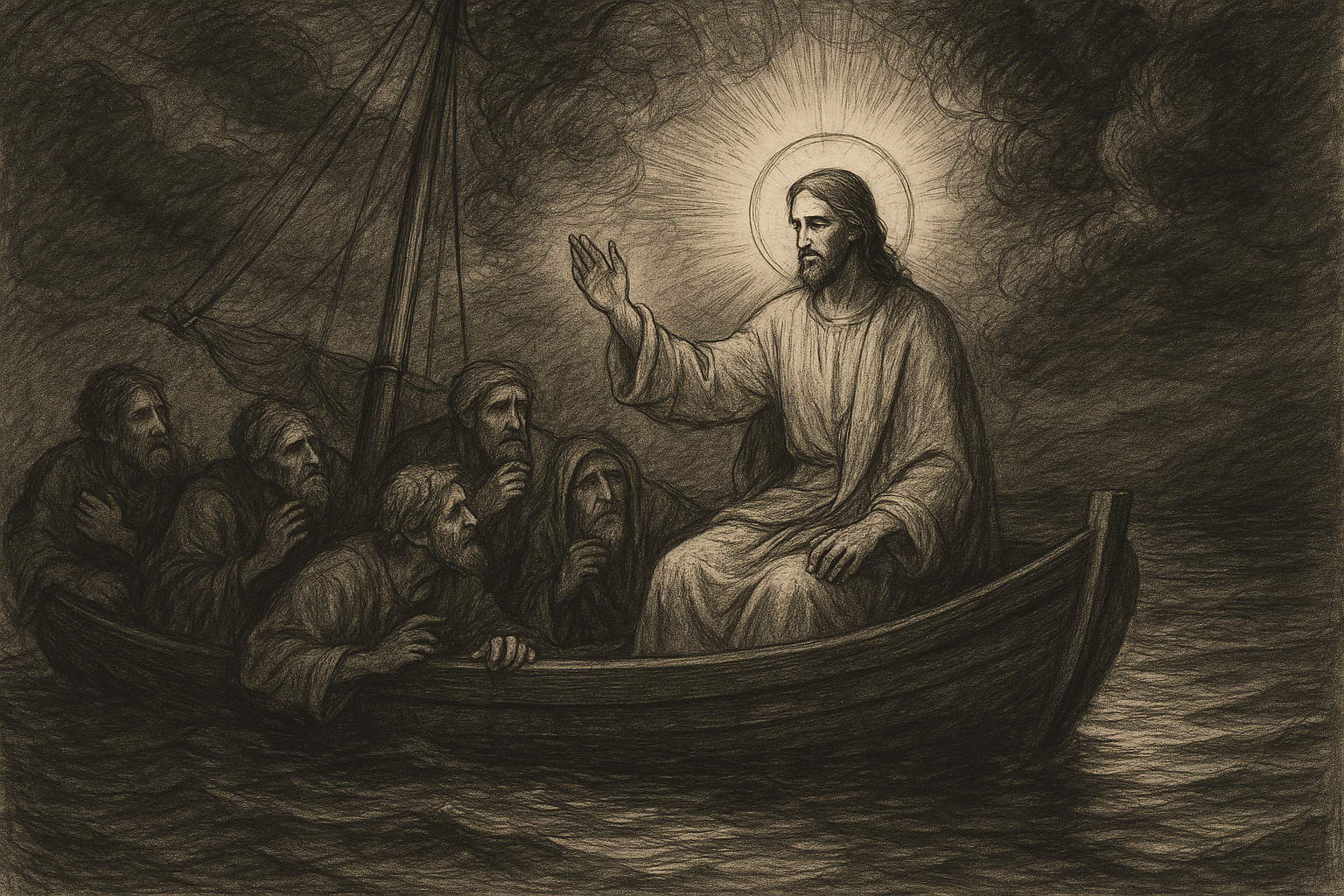 Sketch-style image of Jesus calming the storm in a boat with frightened disciples