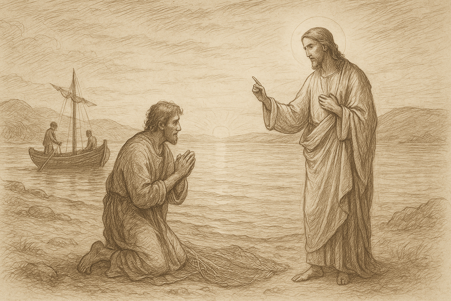 Sketch-style image of Jesus calling St. Peter by the Sea of Galilee