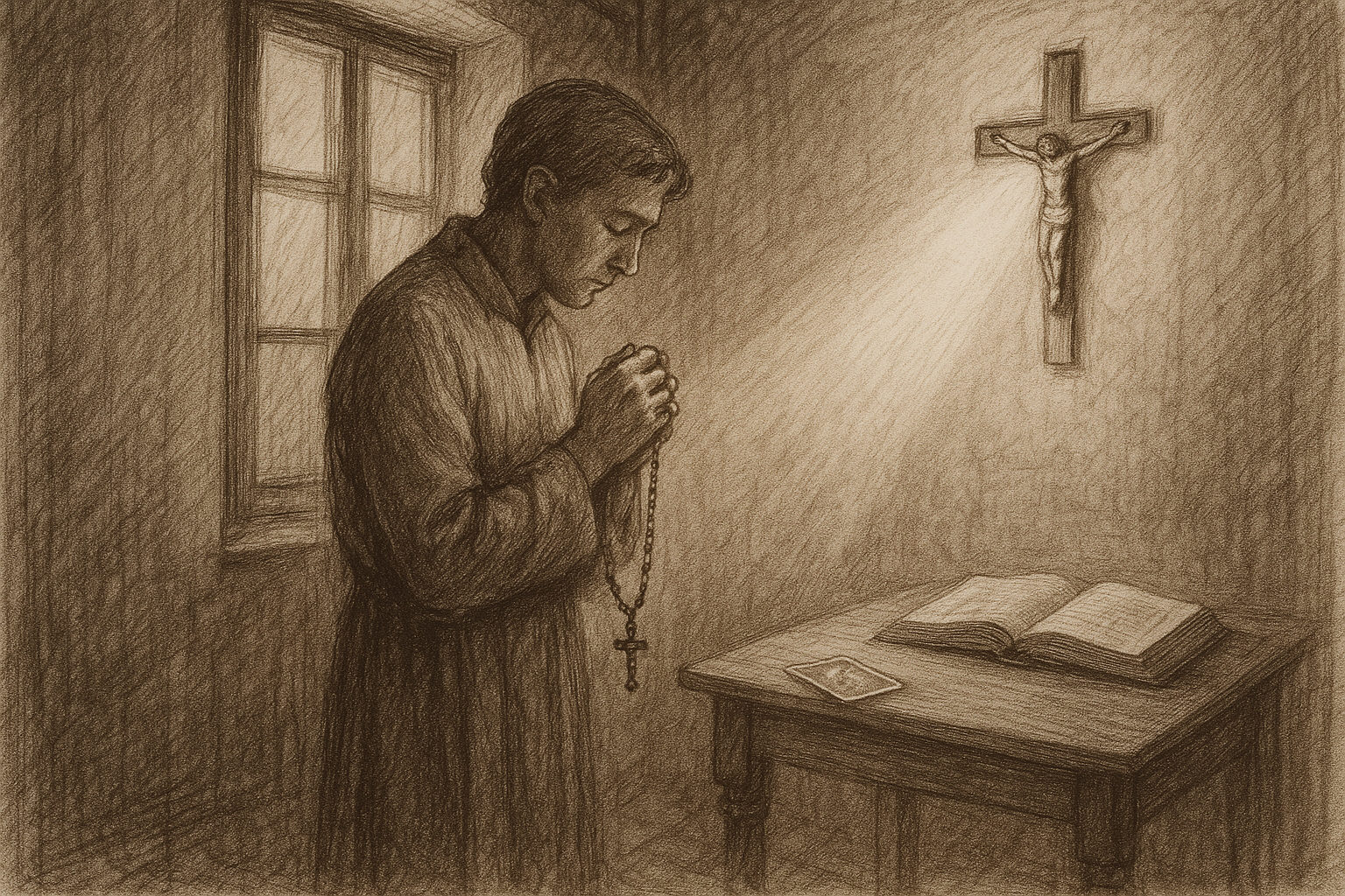 A Catholic believer praying beside a crucifix and rosary as light pushes back shadows and discarded occult symbols.