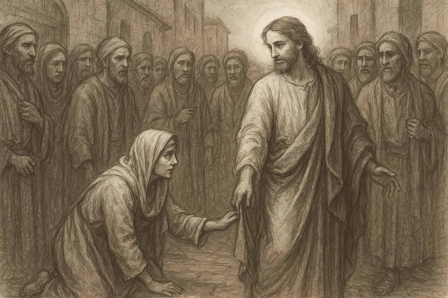 A reverent sketch of the woman with the hemorrhage touching the hem of Jesus' garment