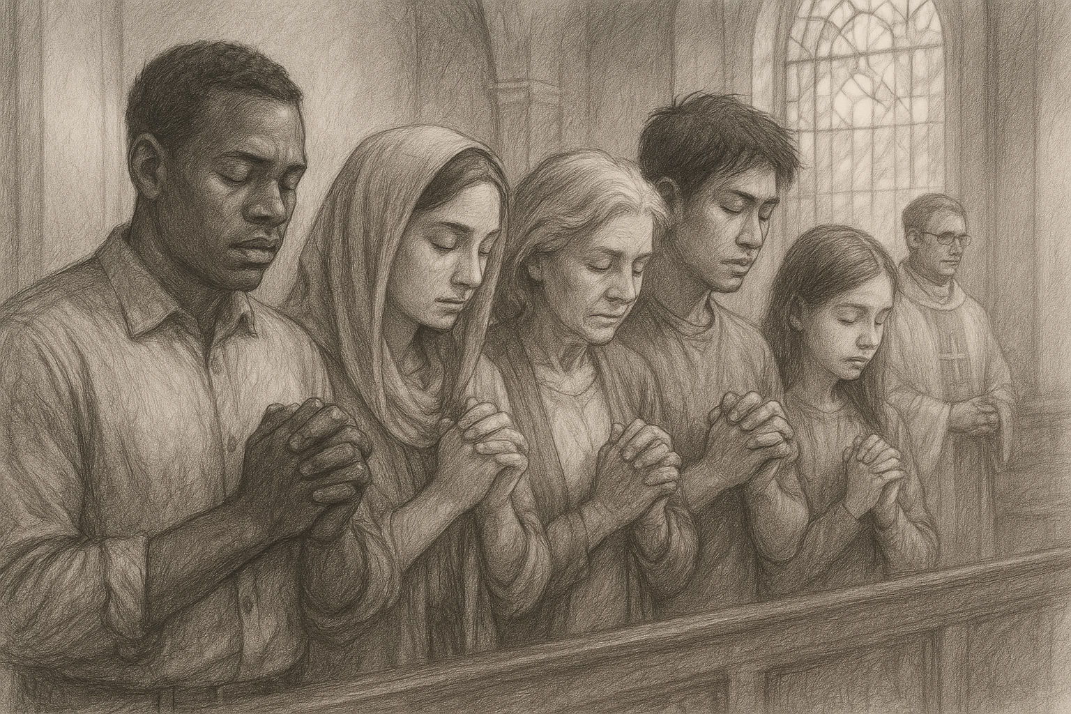 Reverent sketch of diverse Catholics praying together in a church