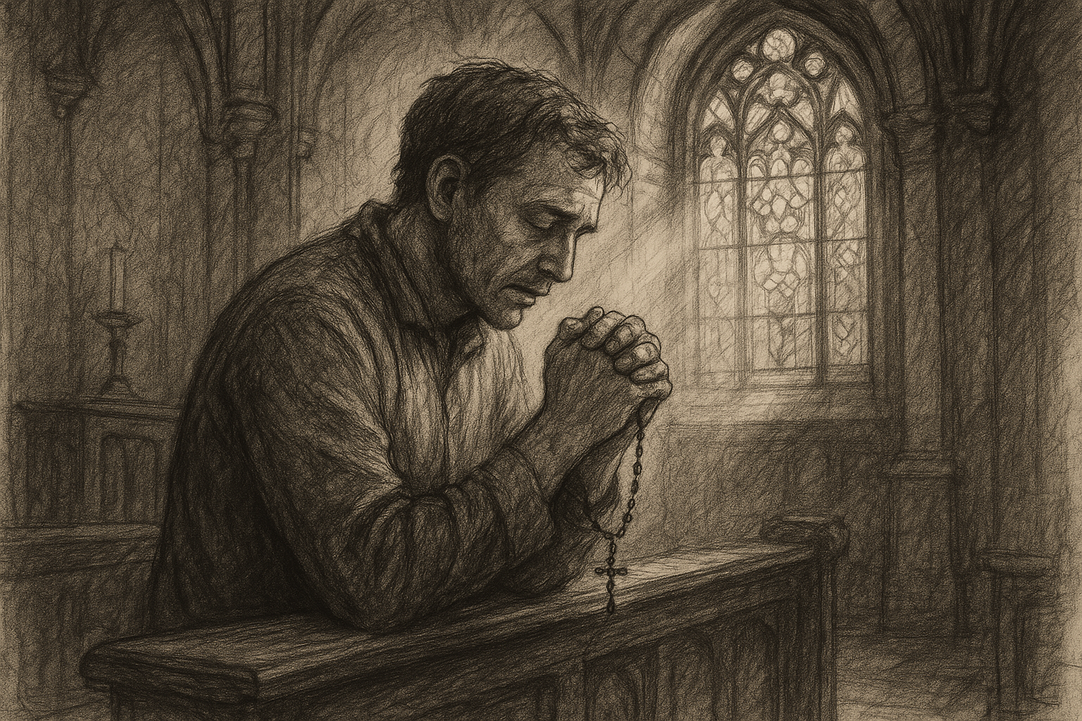 A praying Catholic in a quiet chapel, lit by soft stained glass light, reflecting trust amid fear