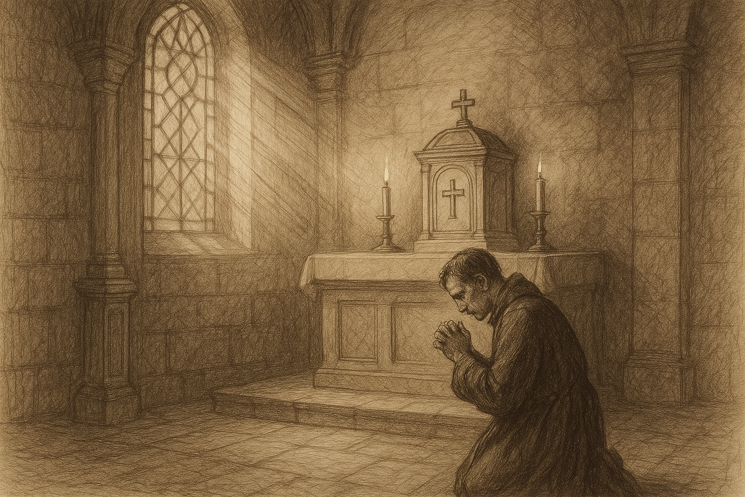 A kneeling Catholic in prayer before the tabernacle, seeking peace amid anxiety