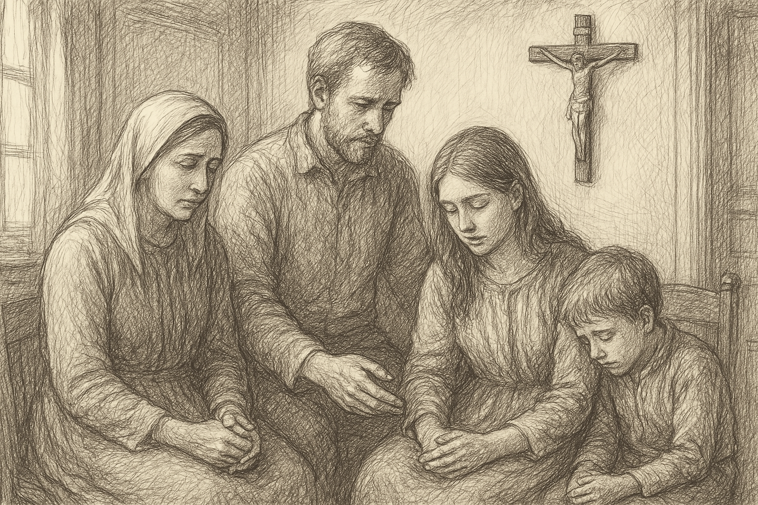 A reverent sketch of a Catholic family in a quiet home, symbolizing forgiveness and reconciliation
