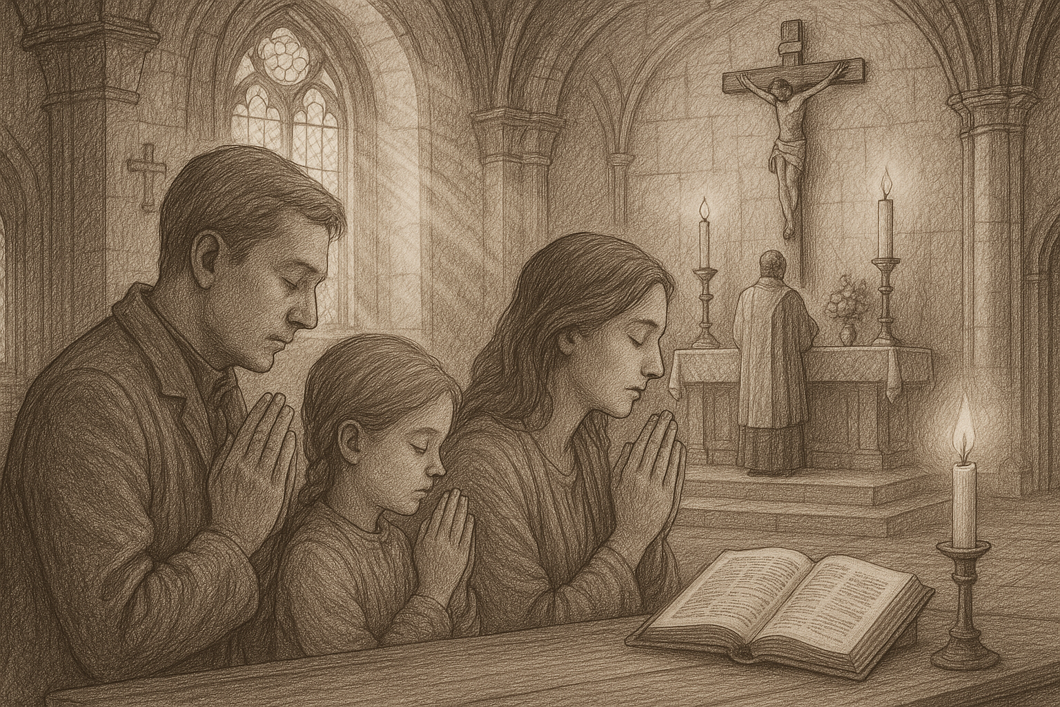 Sketch-style image of a praying Catholic family in a church with soft light and an altar in the background