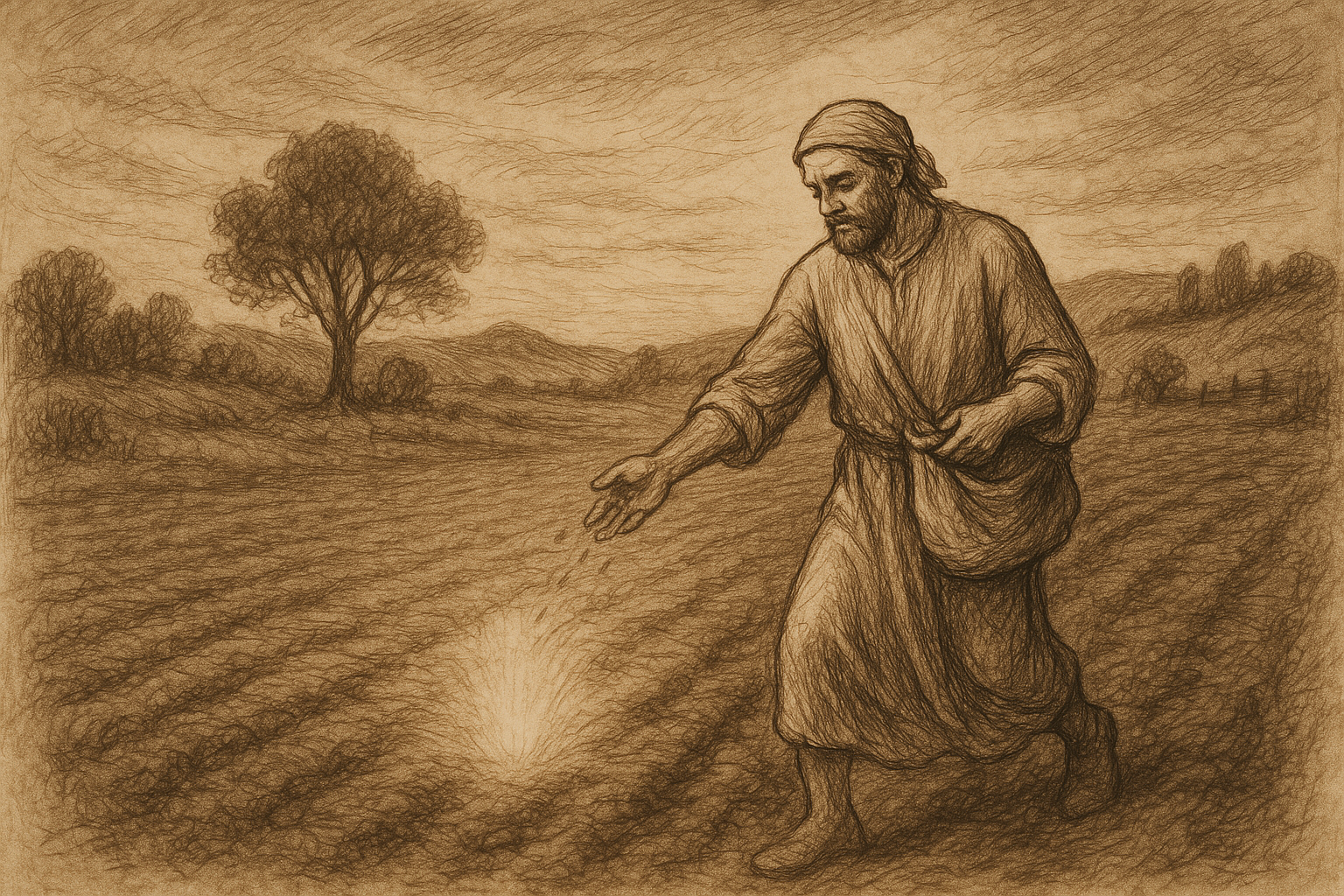 Sketch-style scene of a farmer sowing seed in a quiet field, symbolizing the hidden growth of God's Kingdom.