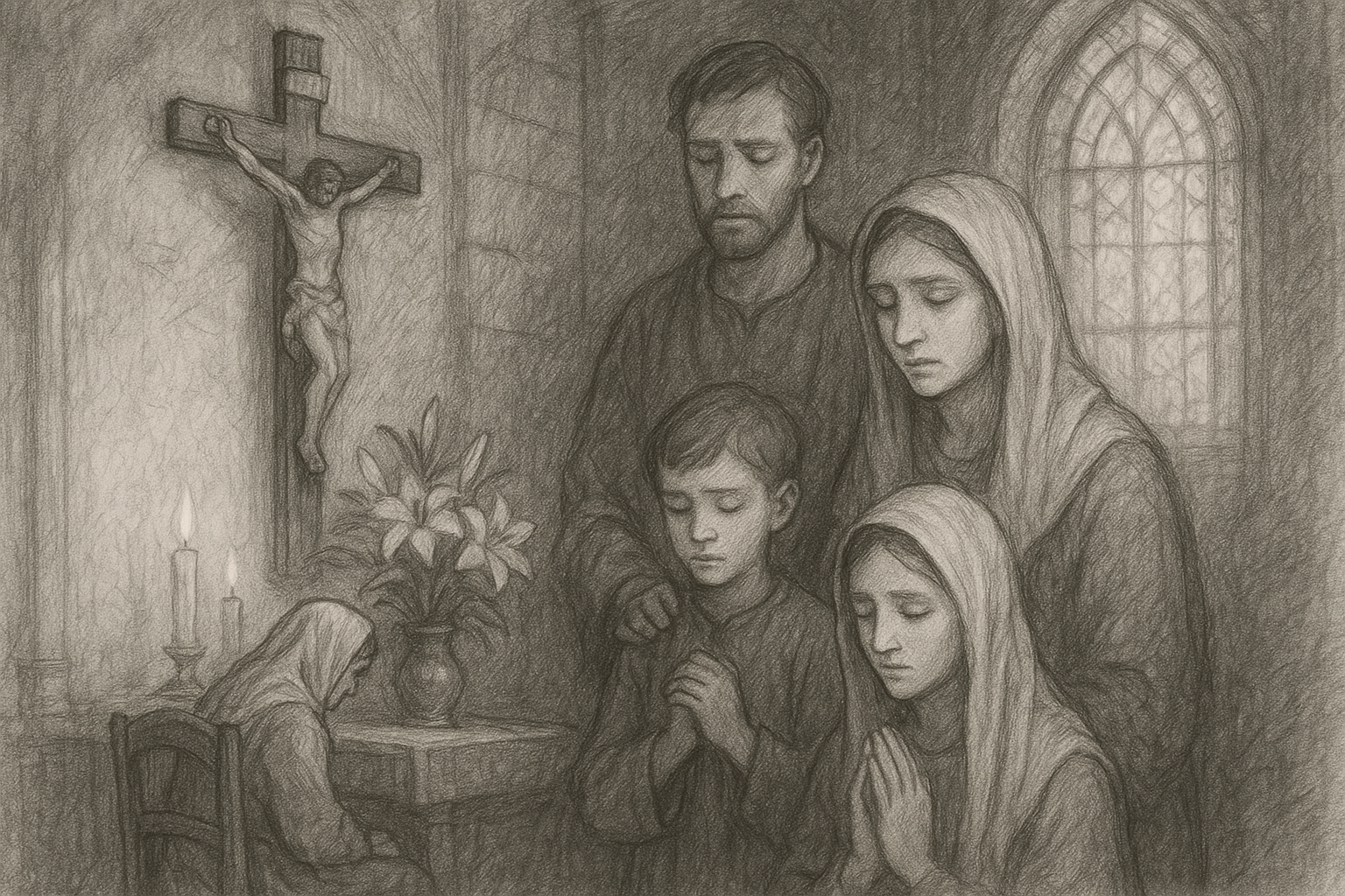 A Catholic family grieving in a candlelit church before a crucifix and lilies