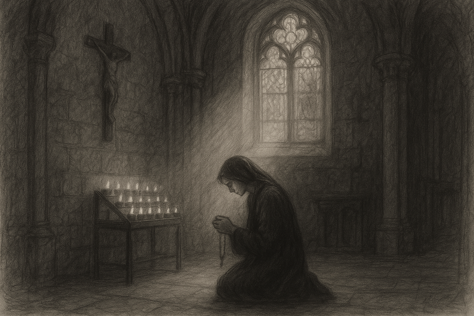 A kneeling Catholic in a dim church with candlelight and stained glass, evoking sorrow and hope