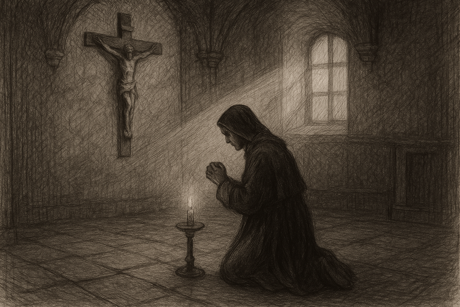 A kneeling Catholic figure in a dim chapel with a candle and crucifix, symbolizing hope amid despair