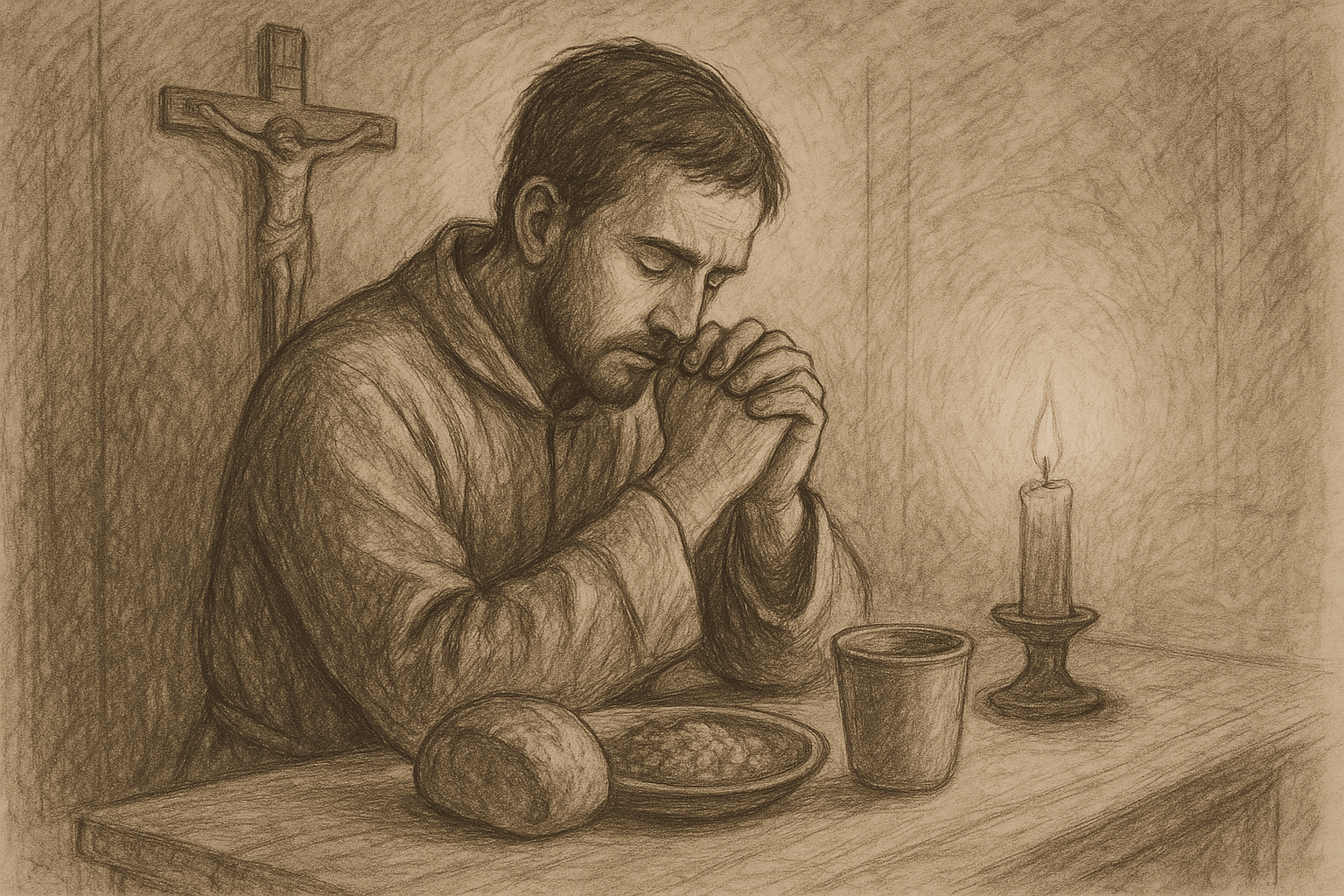 A Catholic praying quietly beside a simple meal, illustrating fasting and prayer