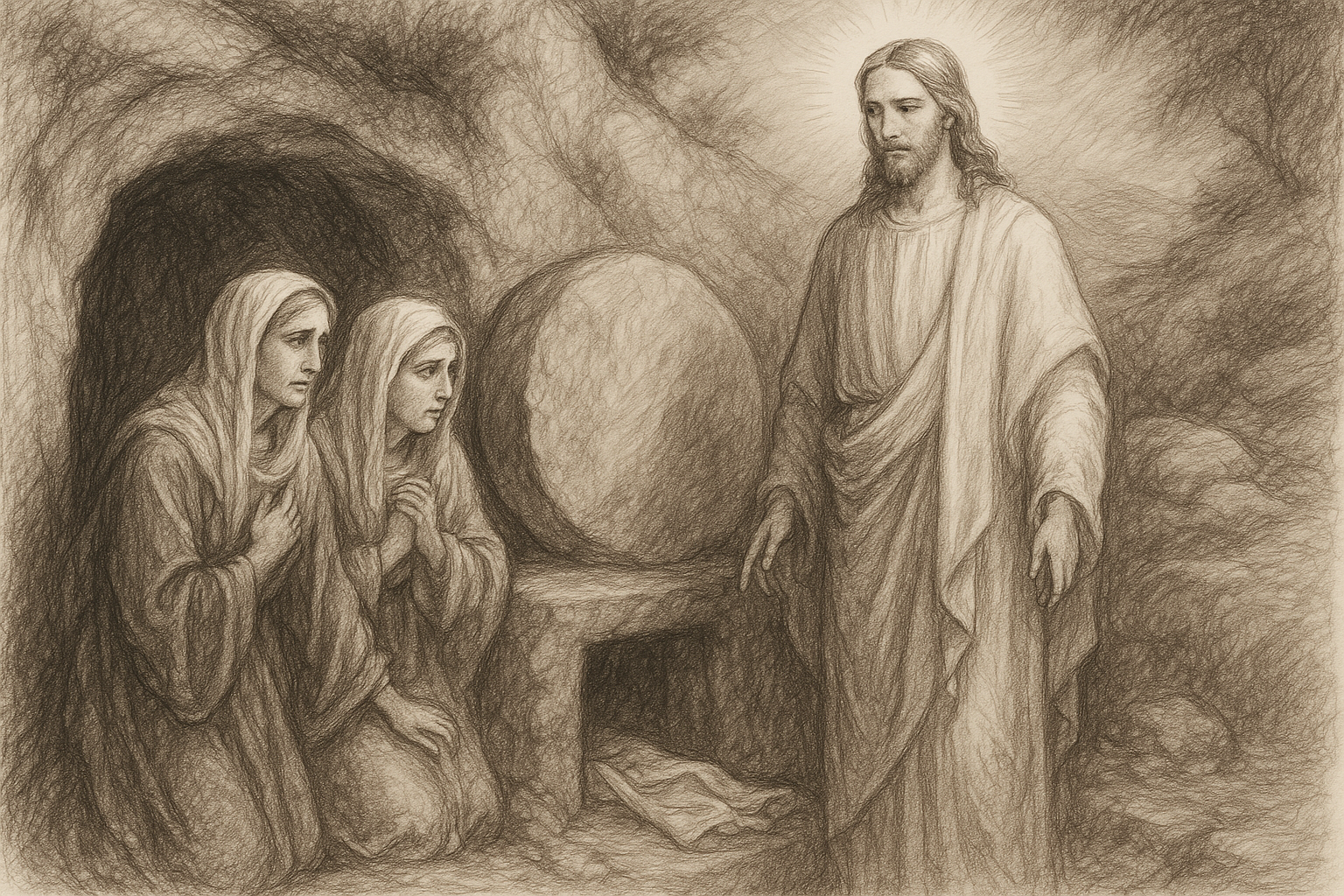 Jesus standing before the tomb of Lazarus in Bethany with Martha and Mary nearby