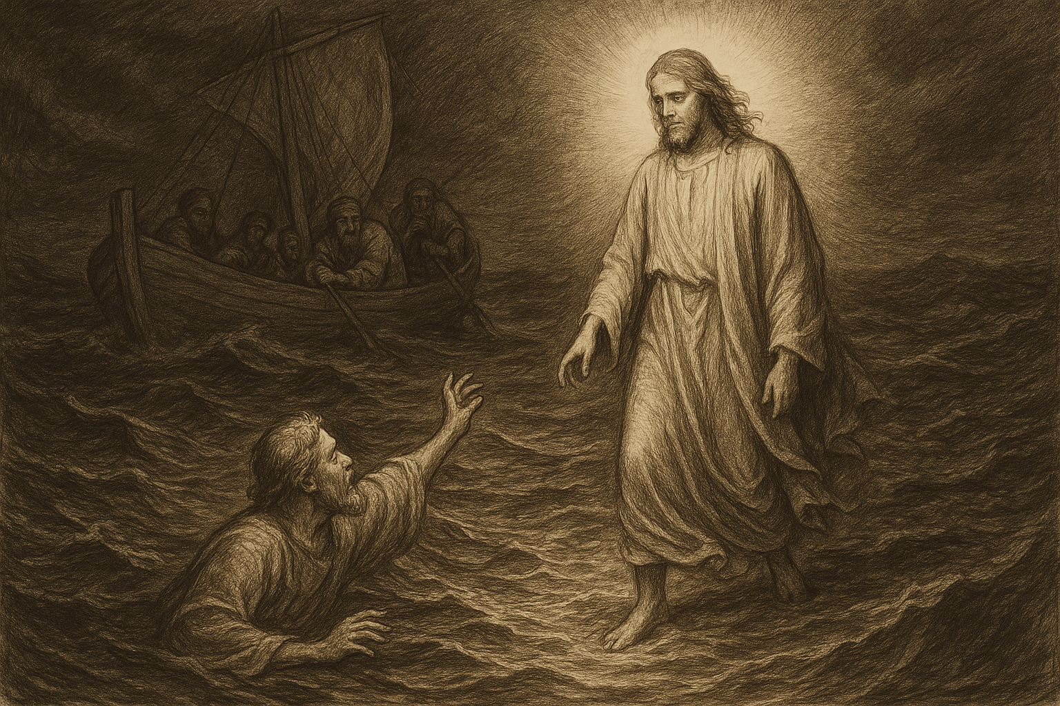 Jesus walking on the water toward the disciples' boat at night, with Peter reaching out in faith