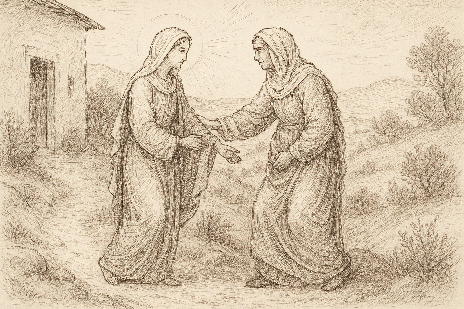 Mary visiting Elizabeth in the Visitation, a reverent sketch of joy, charity, and the presence of Christ