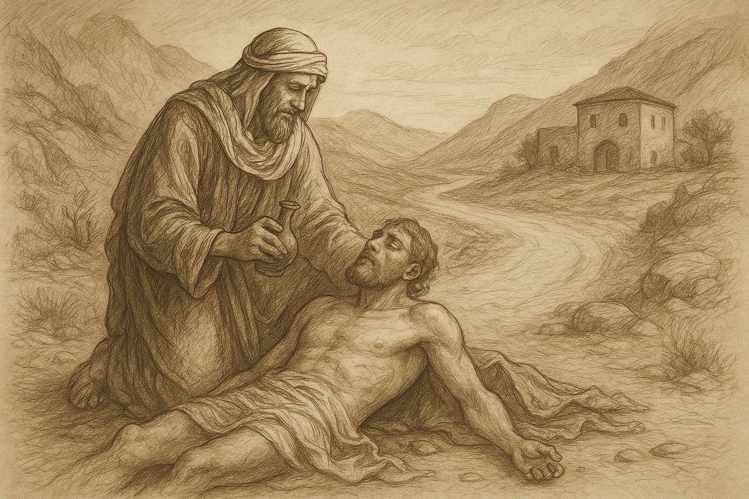 A reverent sketch of the Good Samaritan tending a wounded traveler on the road to Jericho