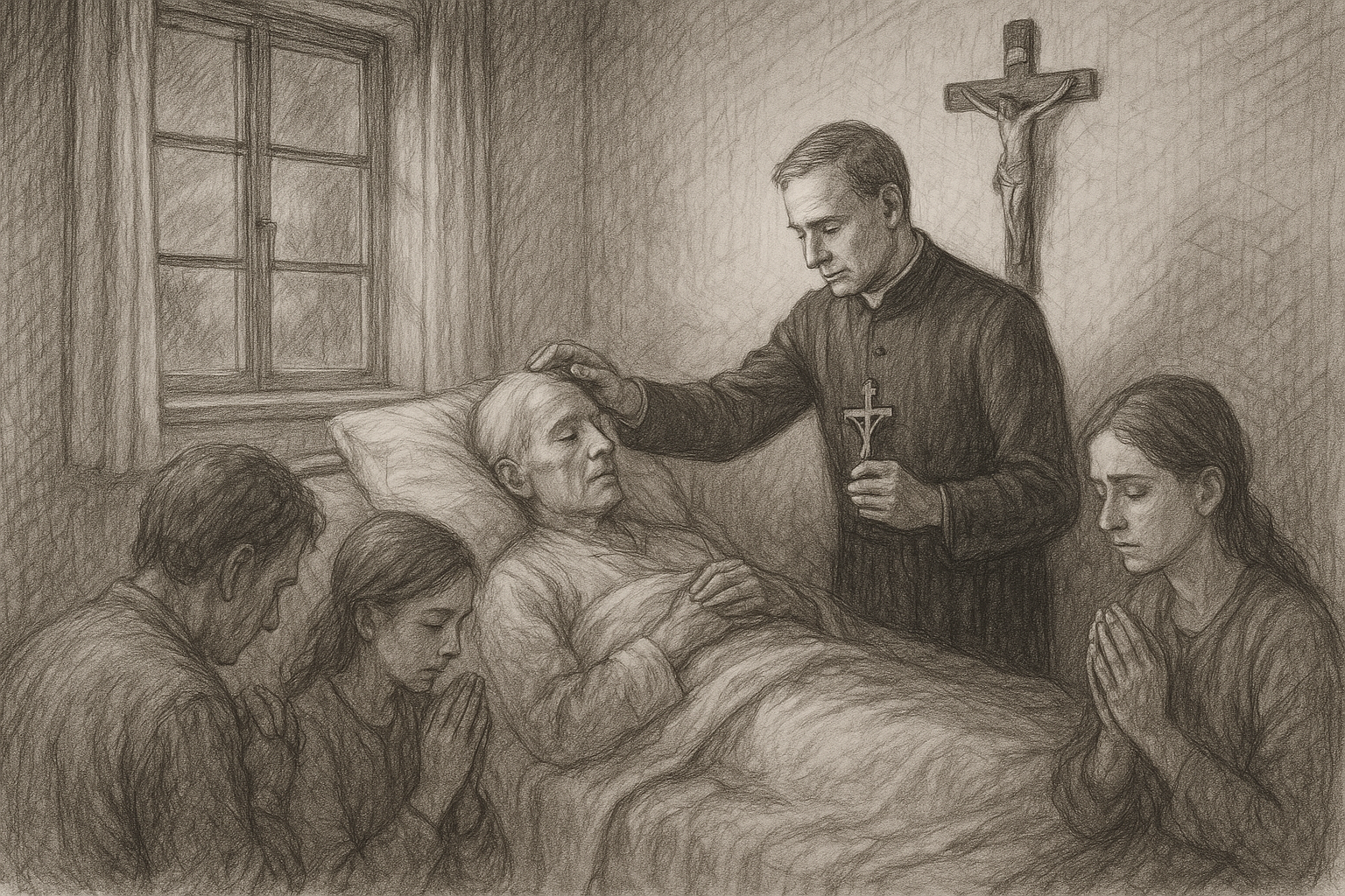 A priest and family praying beside a dying Catholic patient in a hospice room with a crucifix on the wall