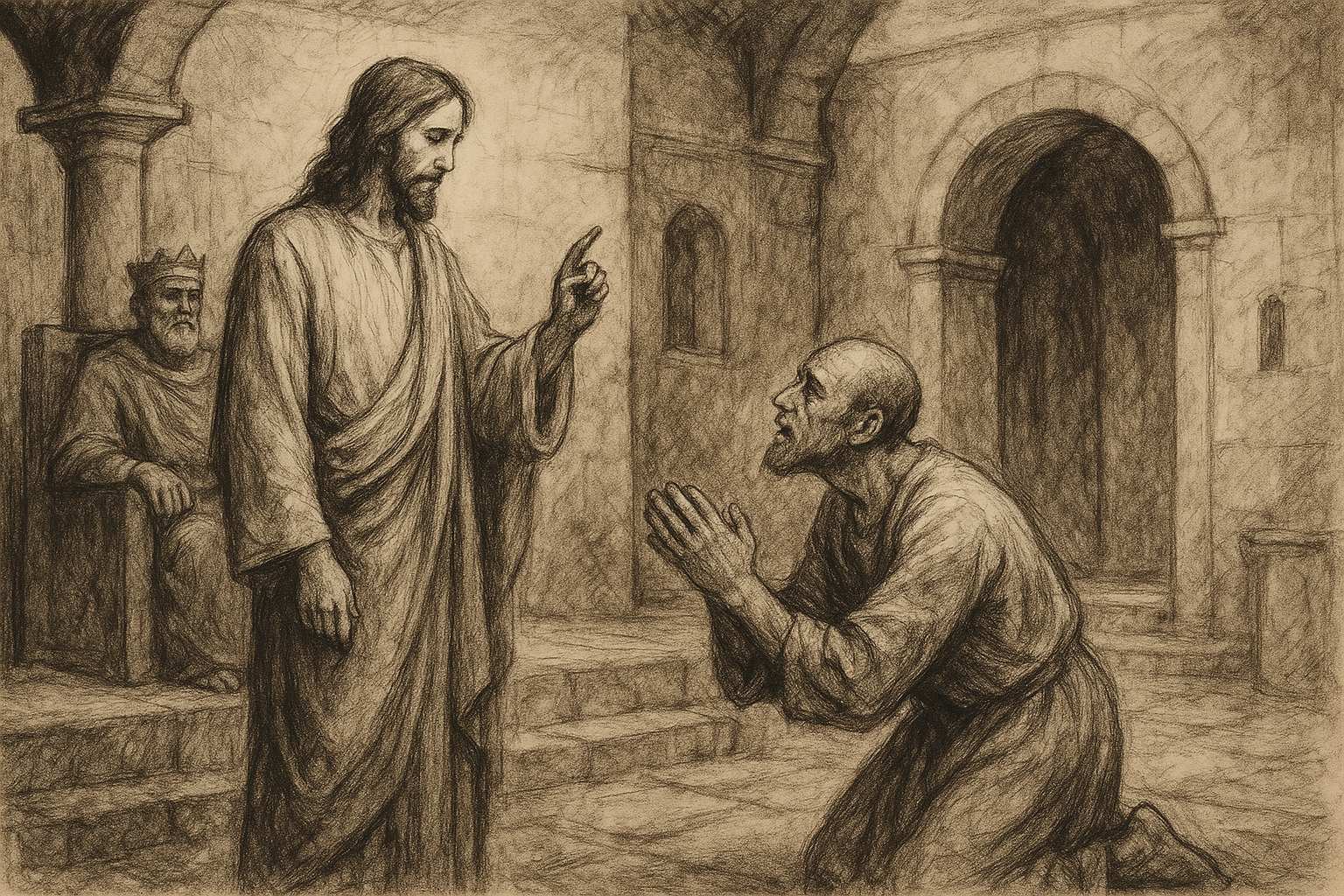 Sketch-style scene of Jesus teaching the Parable of the Unforgiving Servant in a solemn biblical setting