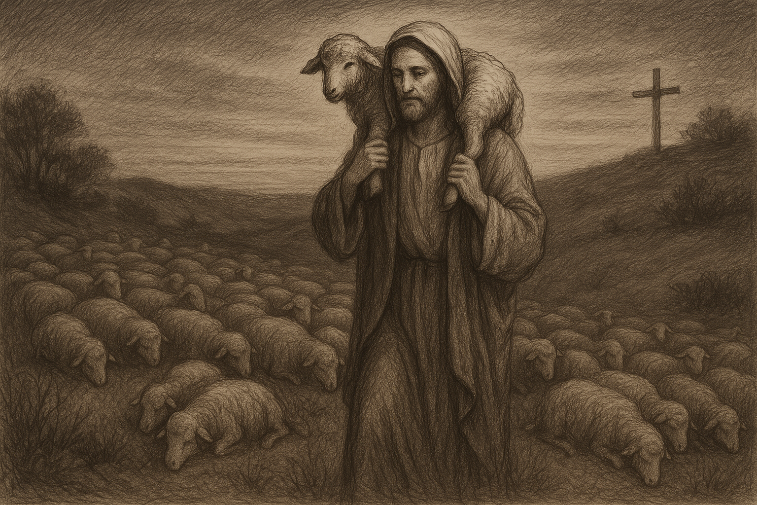 Sketch-style image of Jesus the Good Shepherd carrying a lost sheep on His shoulders while the flock remains nearby
