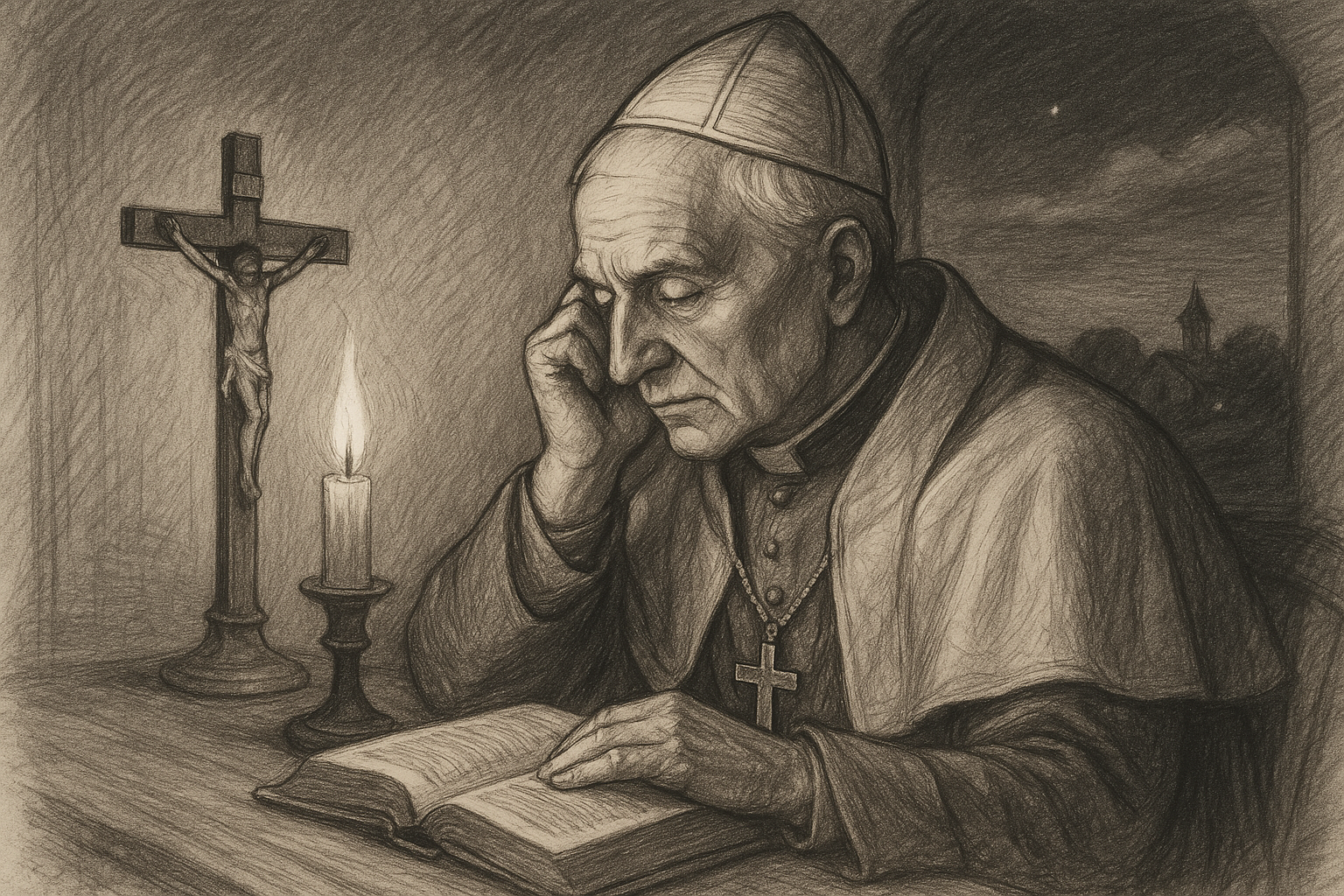 Sketch-style scene of Catholic reflection on peace, Scripture, and the moral limits of force