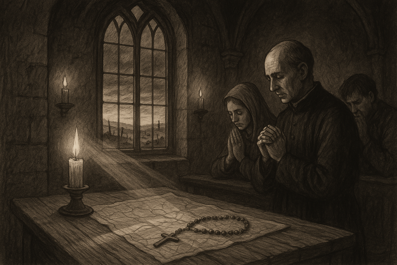 A reverent sketch of Catholics praying for peace beside a rosary and map, with a distant battlefield beyond a chapel window.