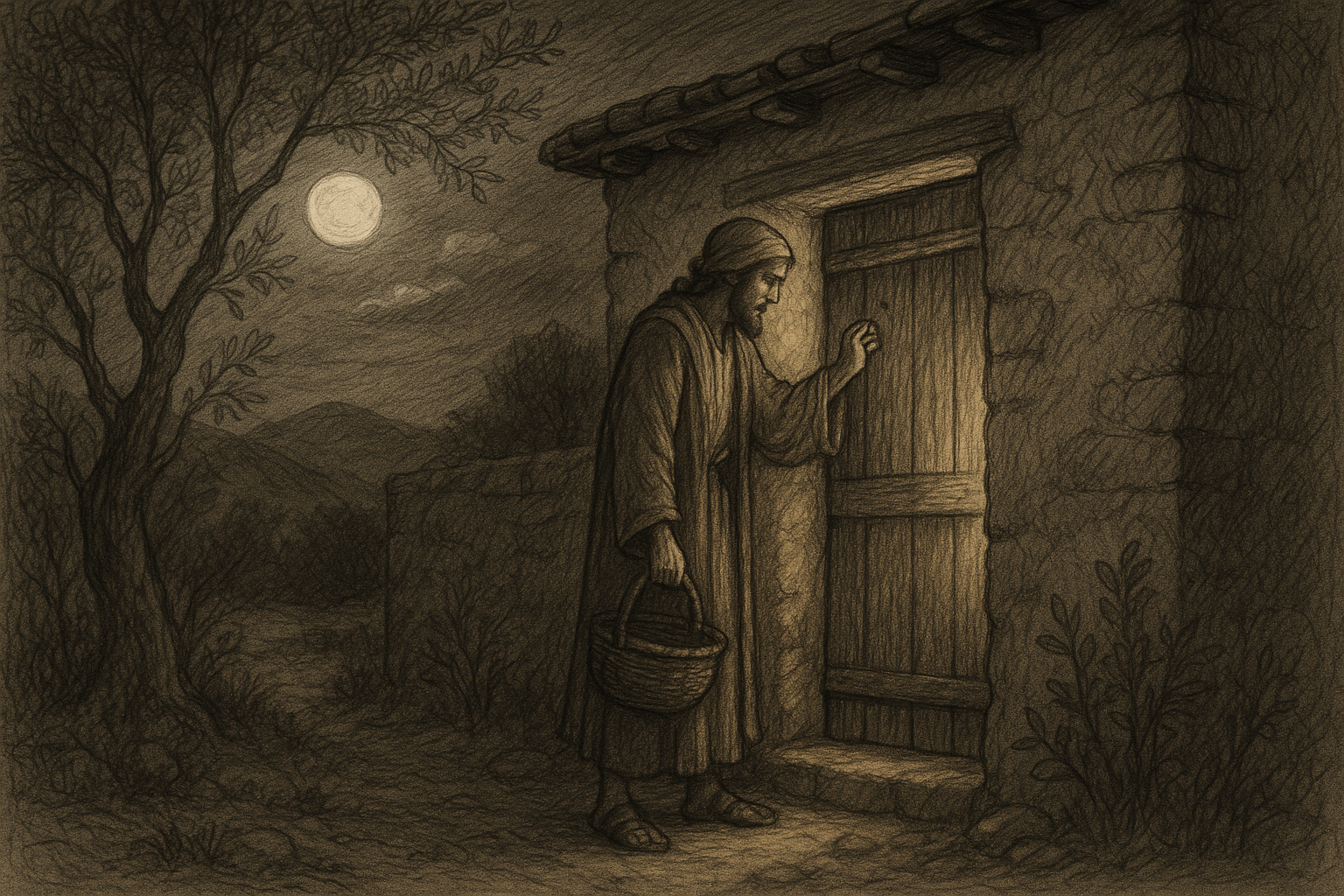 Sketch-style depiction of the Friend at Midnight parable with a man knocking at a door under moonlight