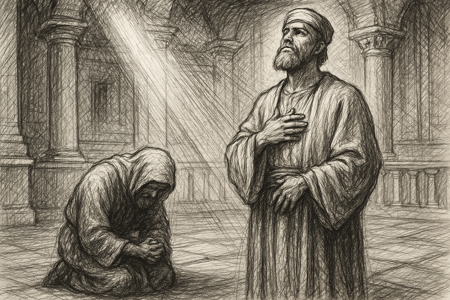 A reverent sketch of the Pharisee and the tax collector praying in the temple