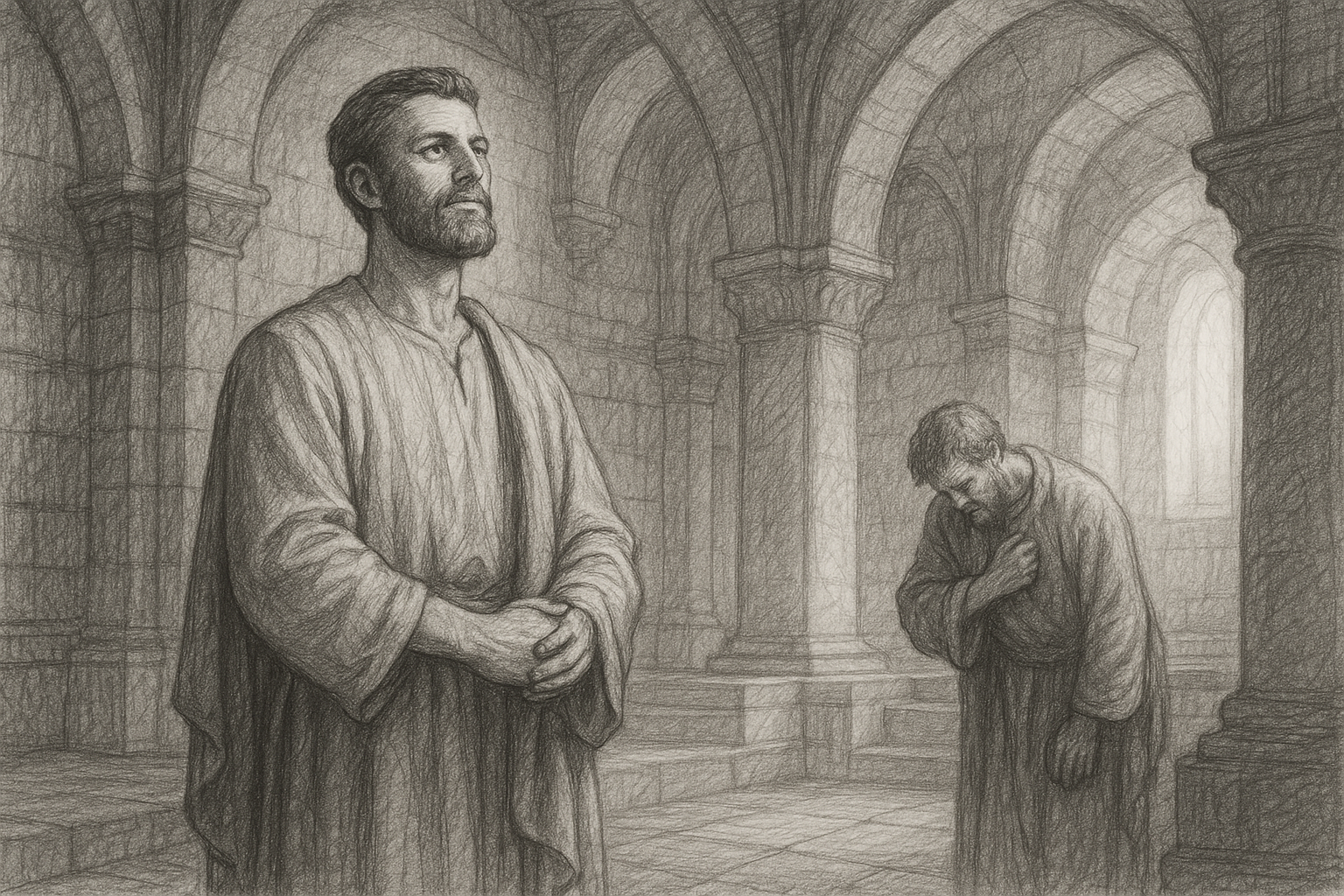 Sketch of the Pharisee and the tax collector praying in the Temple, showing humility and pride