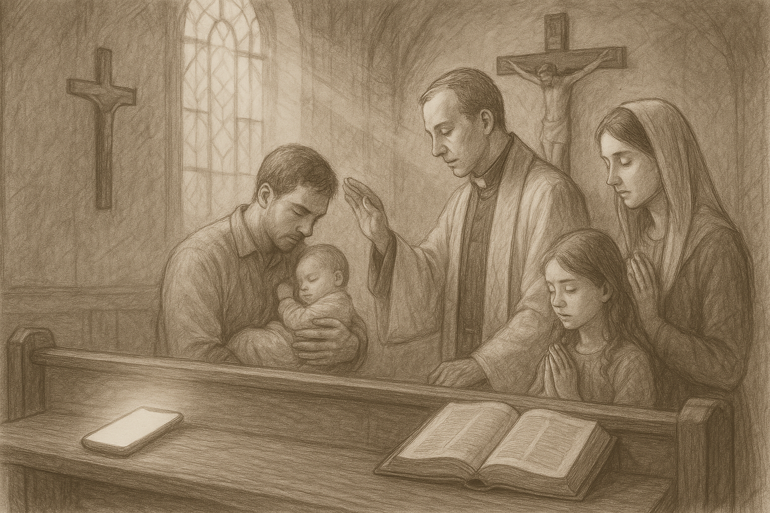 Sketch-style image of a Catholic family and priest in prayerful discernment beside a set-aside smartphone in a chapel