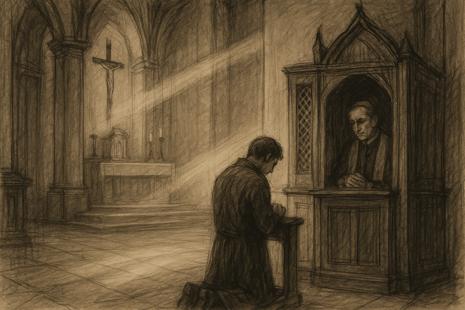 A reverent sketch of a Catholic penitent in confession before a crucifix in a dim church