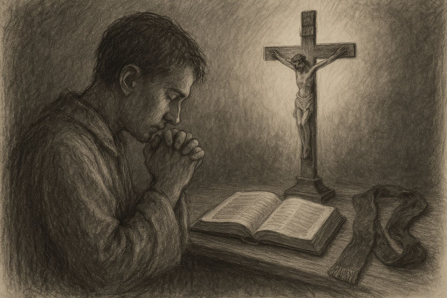 Sketch-style scene of prayer before a crucifix and open Bible, symbolizing repentance and Catholic teaching on sin