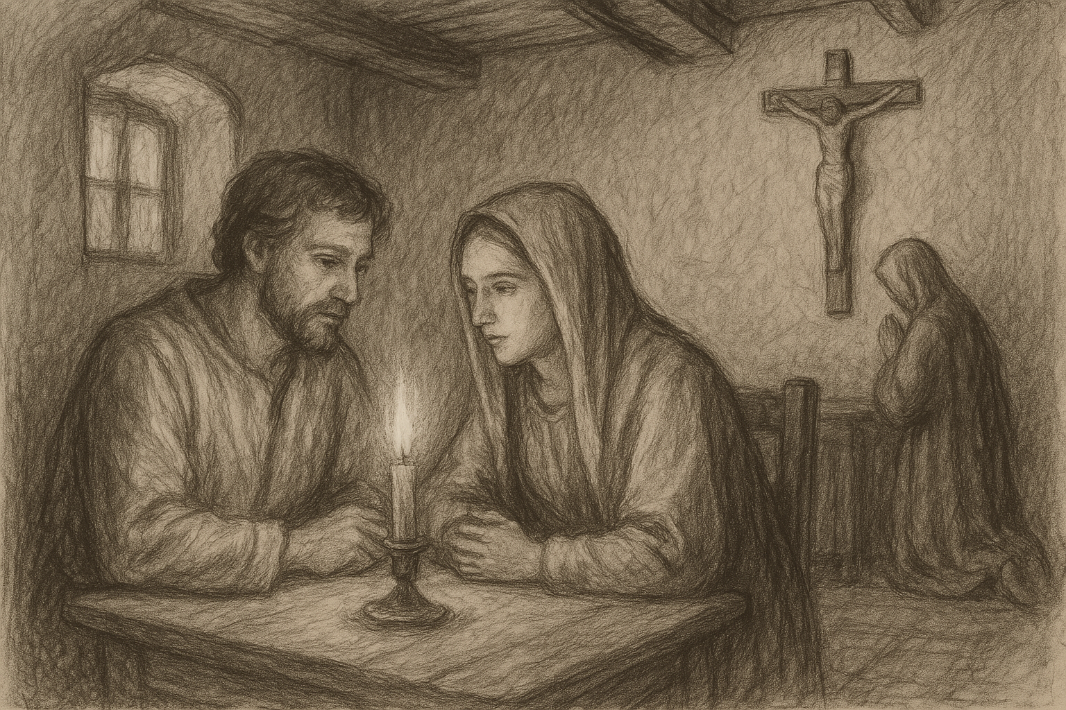 Sketch-style sacred scene of careful speech in a quiet Catholic home with a crucifix and candlelight