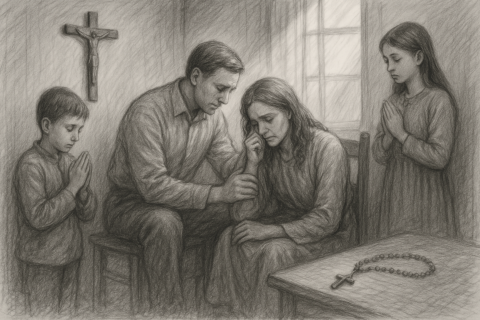 A reverent sketch of a Catholic family praying near a crucifix in a time of suffering