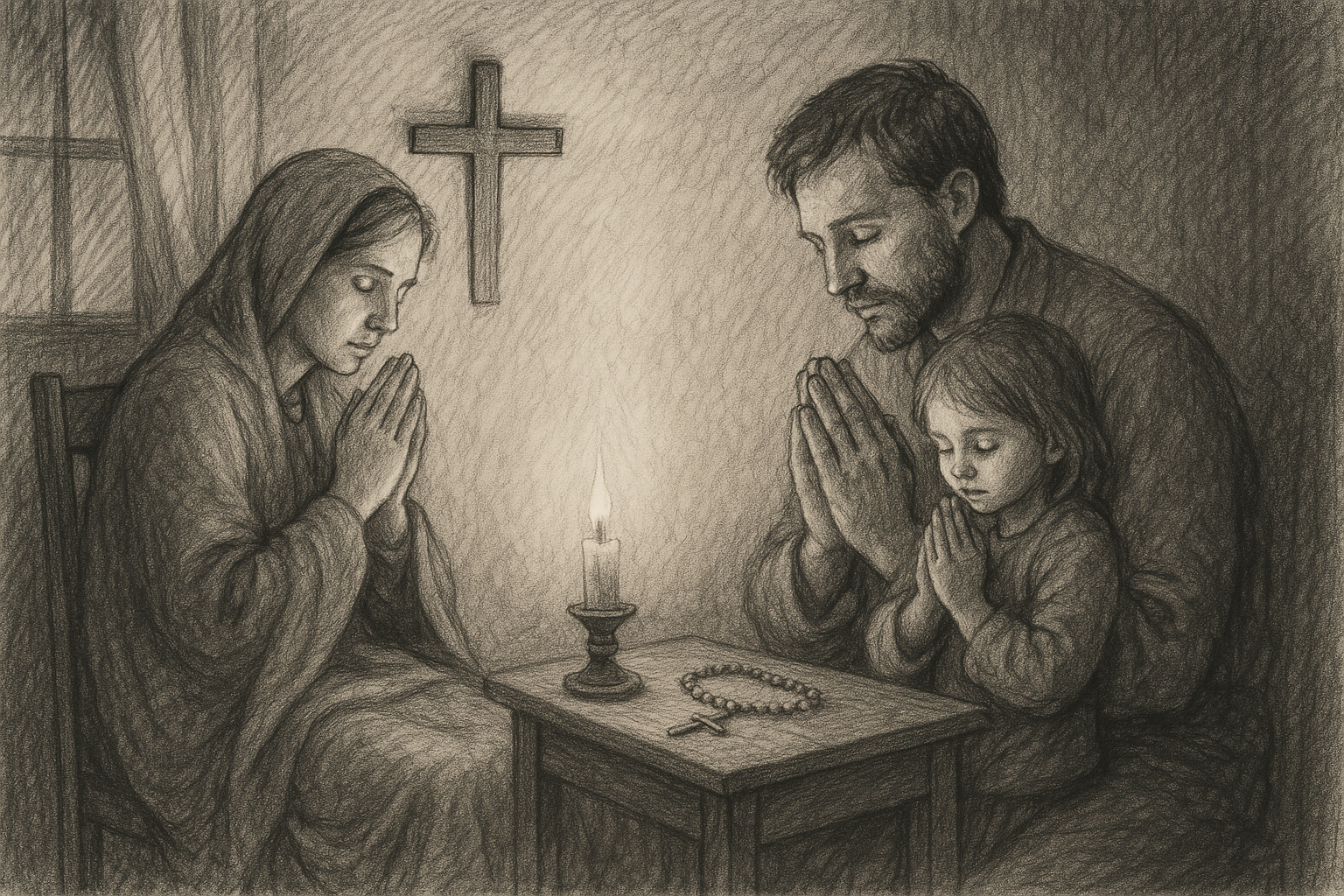 A Catholic family praying quietly in a dim home beside a cross and candle