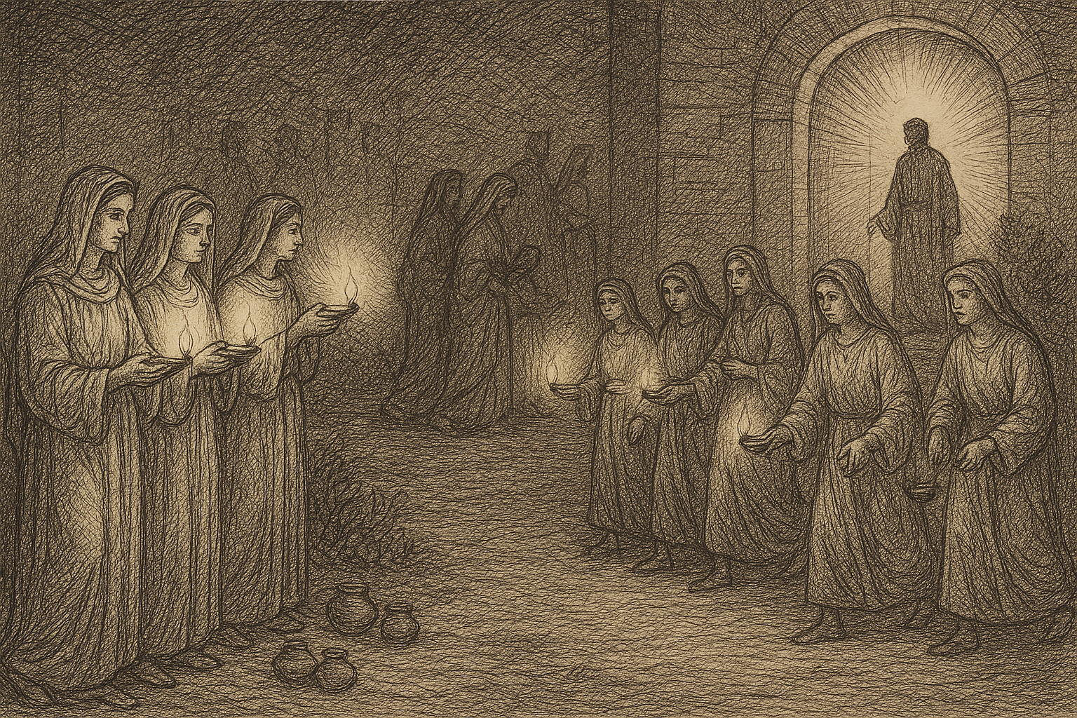 Sketch-style biblical scene of the wise and foolish virgins waiting with lamps for the bridegroom