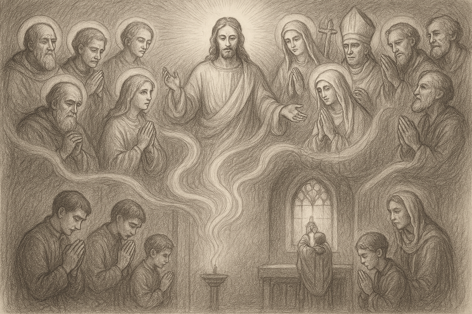Reverent sketch of the communion of saints with heaven and earth joined in prayer
