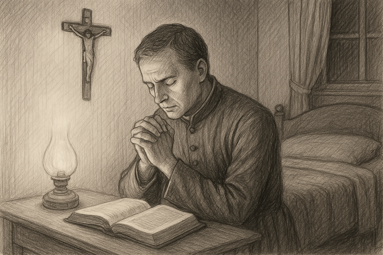 A Catholic praying quietly at night beside an open Bible and crucifix