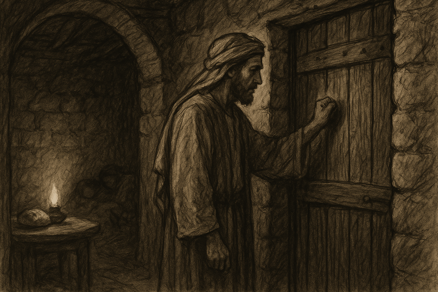 A biblical scene of a man knocking at a closed door at midnight in a reverent sketch style