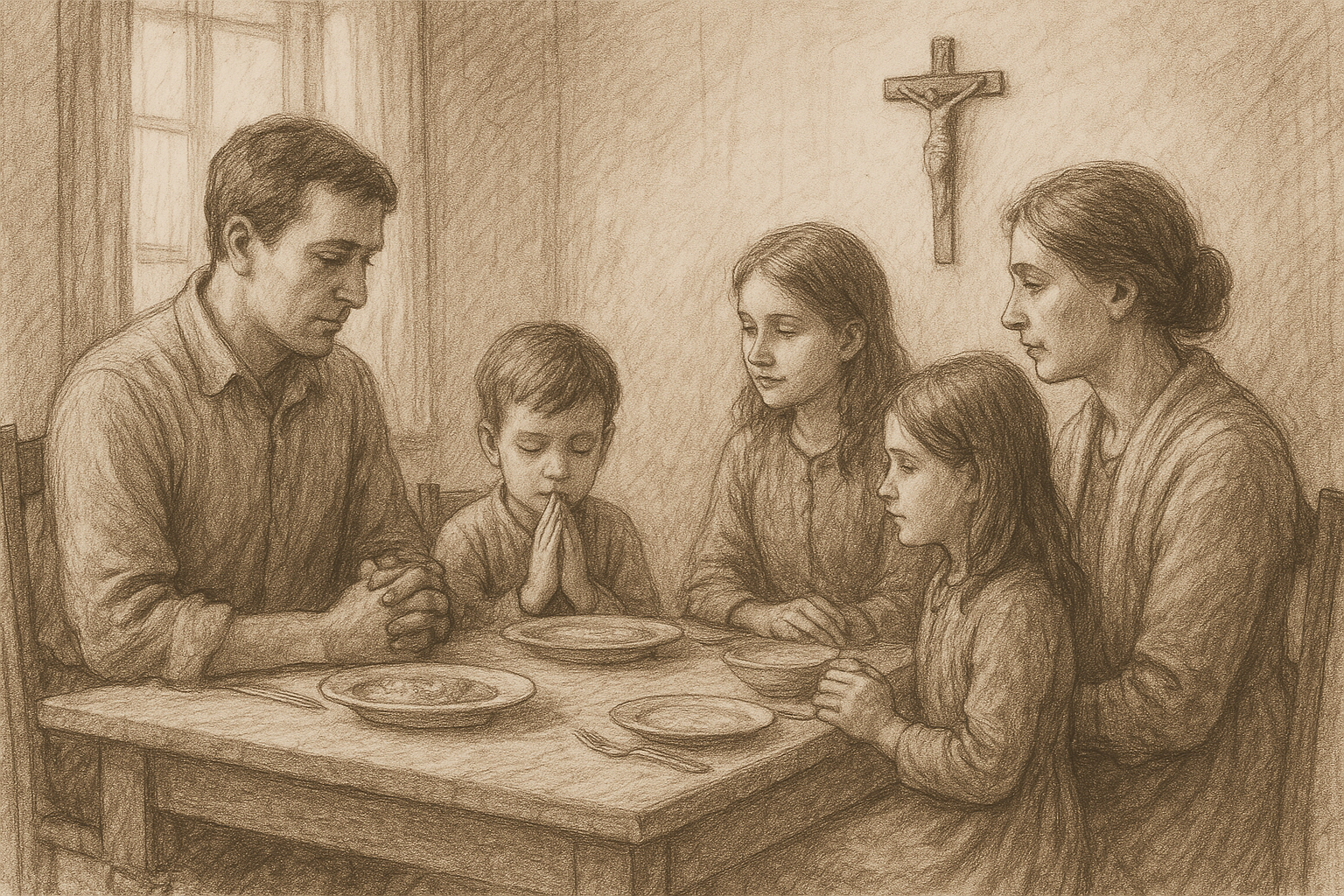 Sketch-style Catholic family gathered in prayer around a dining table beneath a crucifix