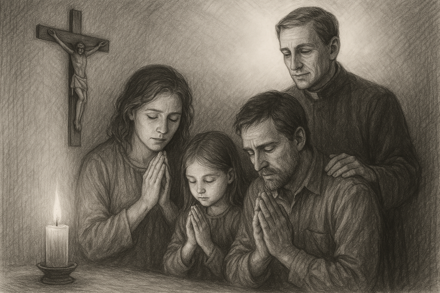 A Catholic family praying with a crucifix and candle in a reverent sketch-style scene